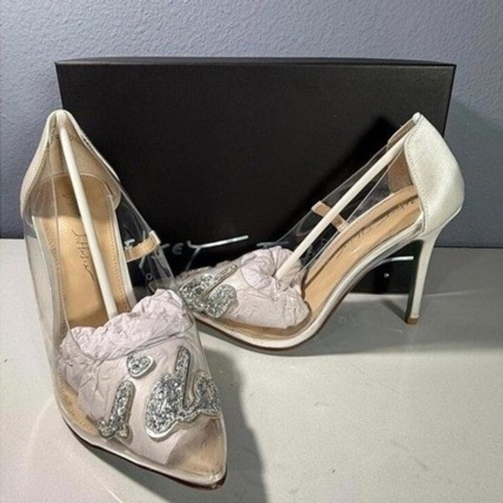 Betsey Johnson Clear Pointed Toe Heels with Silver Embellishment